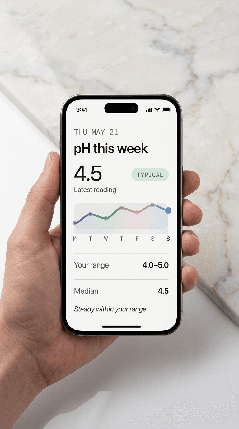 The MESO app showing a week of pH readings, on a phone